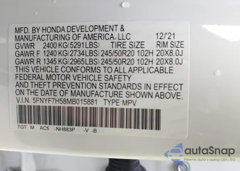 2021 Honda Passport 2Wd Ex-L из США, поврежденный, VIN 5FNYF7H58MB015881